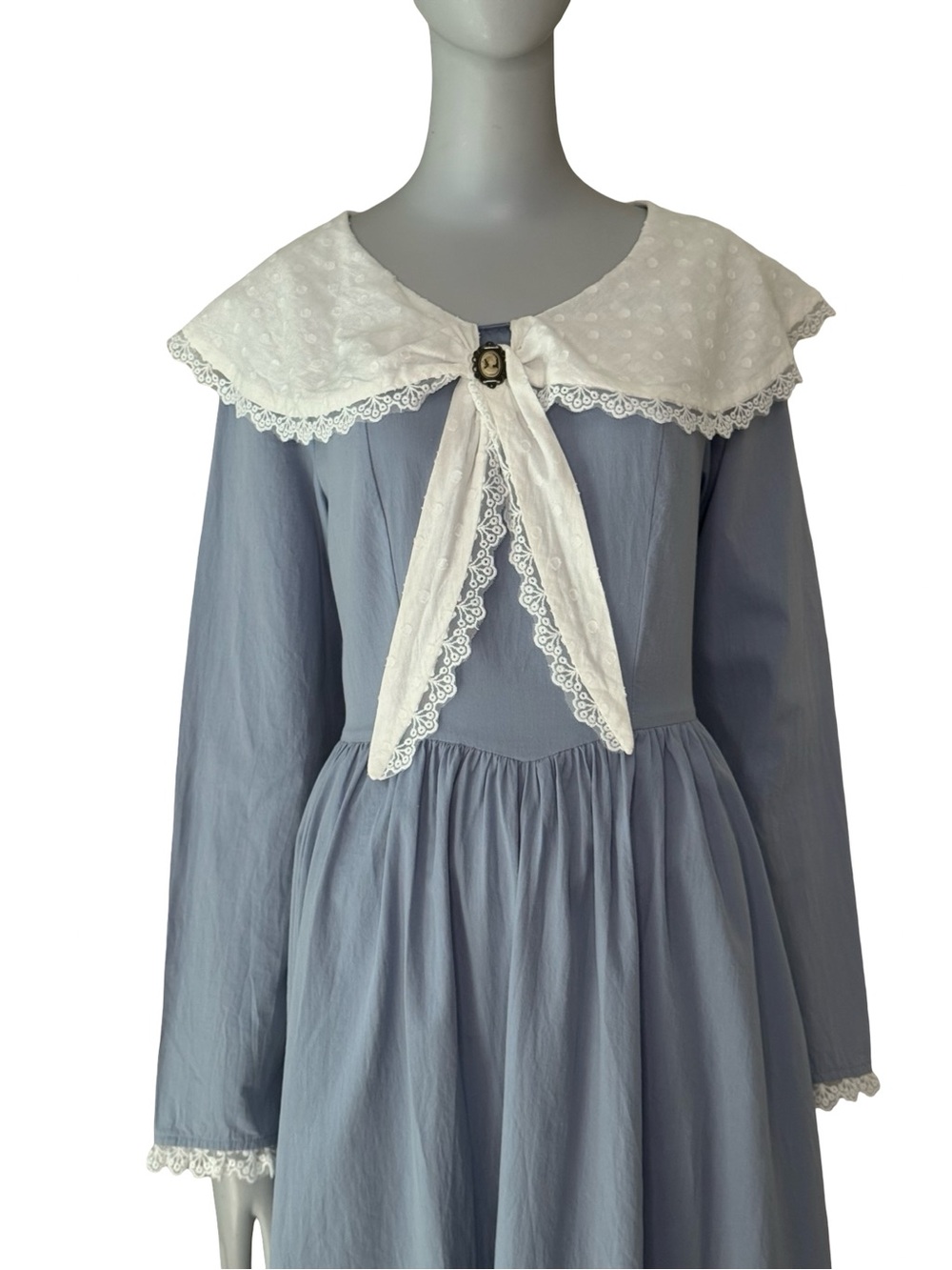 Scarlet Darkness Cottagecore Prairie Cameo Lace Collar Midi Dress Blue Cotton - Picture 4 of 16